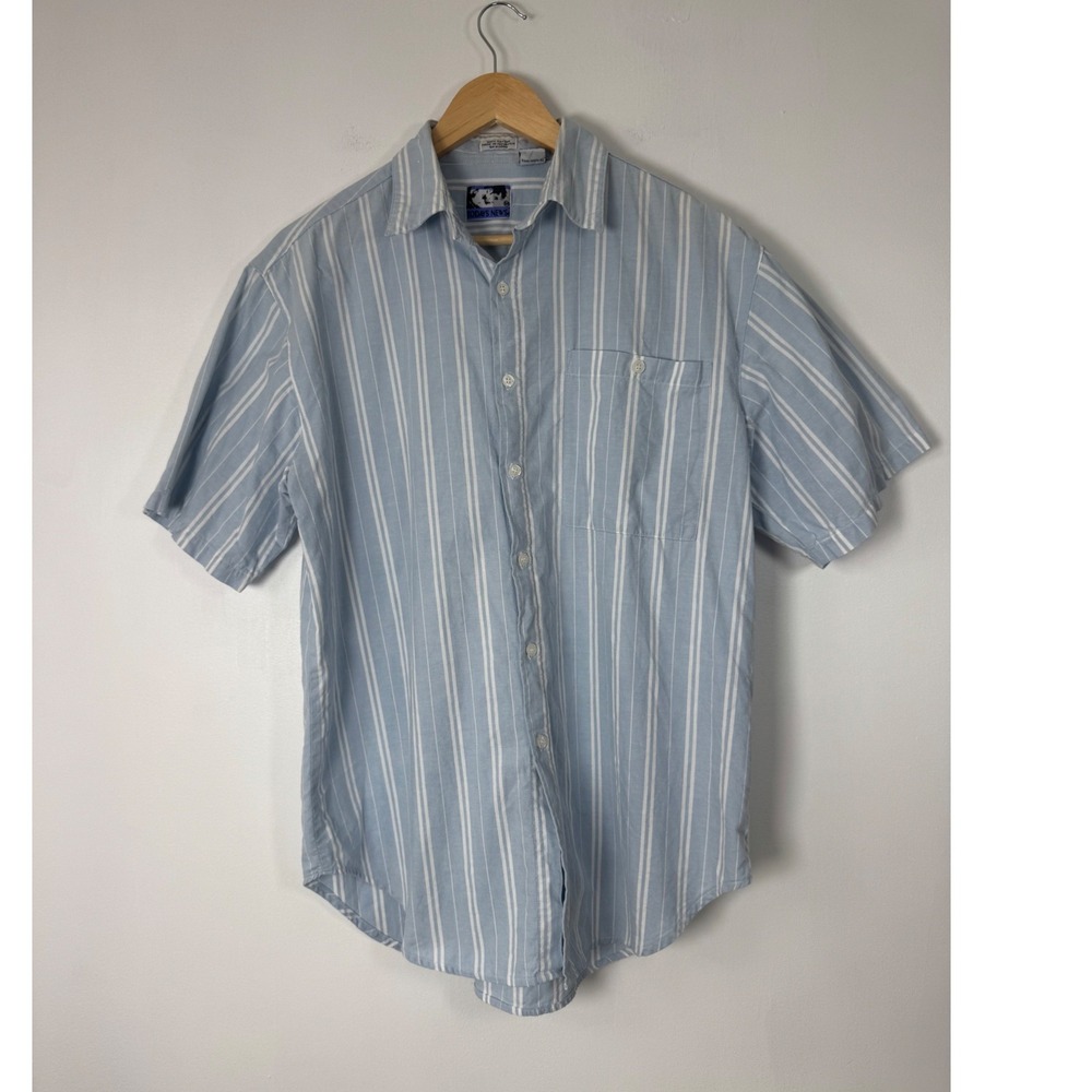 Coastal Todays News Men Size M Button Down Shirt Blue White Striped Short Sleeve